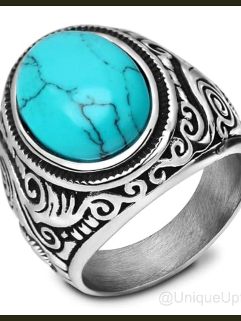 MYNENEY Retro Vintage Stainless Steel Turquoise Ring for Men Size 10